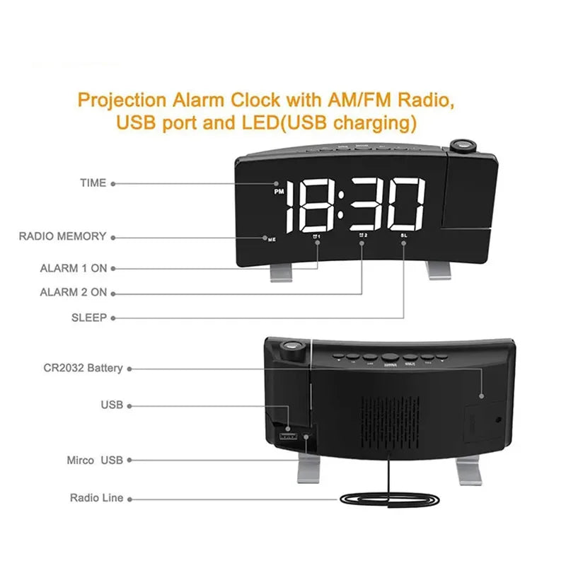 Projection Digital Alarm Clock for Bedroom Large LED Alarm Clock Projection on Ceiling Wall 180°Projector for Heavy Sleeper New