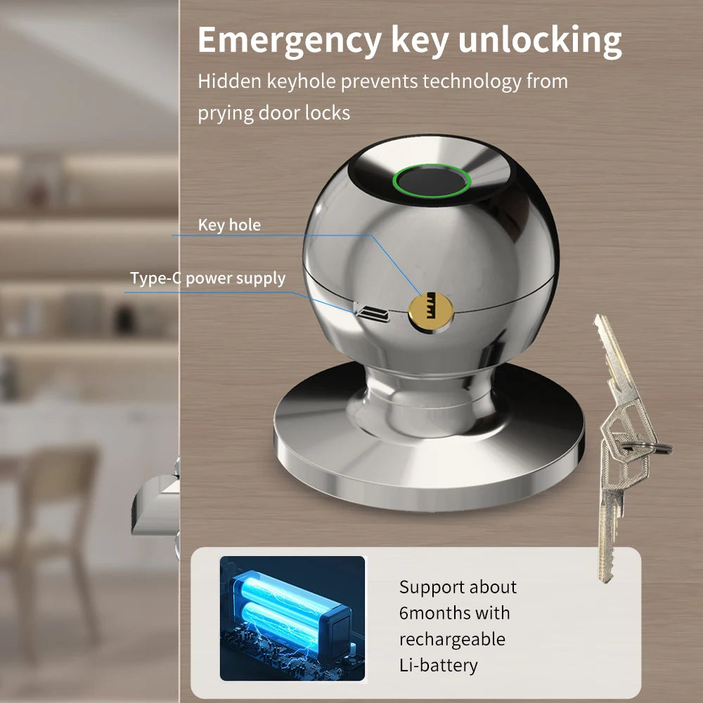 Fingerprint Safe Electronic Lock Door Handle Stainless Steel Round Door Knob Rotation Lock Doorknob Lock with Key Tuya App Home