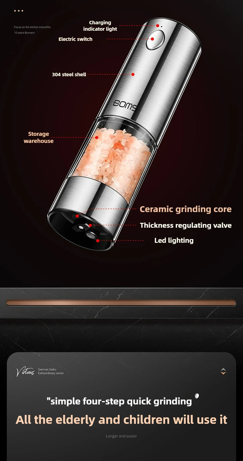 Electric Pepper Grinder Automatic Spice Grinder USB Rechargeable Adjustable Coarseness Spice Mill Kitchen Gadget Tools