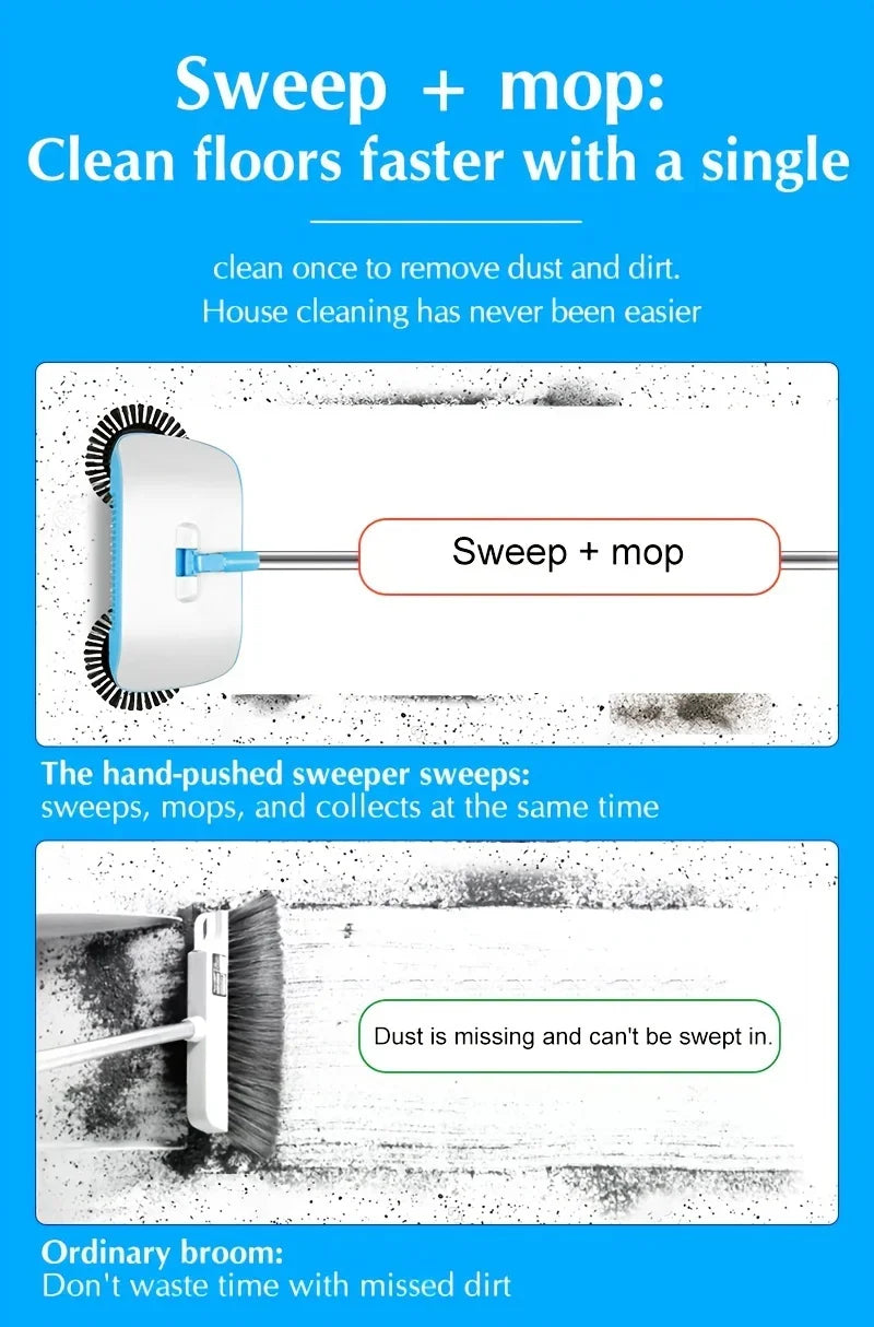Hand Push Broom, Multifunctional Cleaning Tool Sweep Mop, Long Handle Push Broom with Auto Spiral Deep Clean System