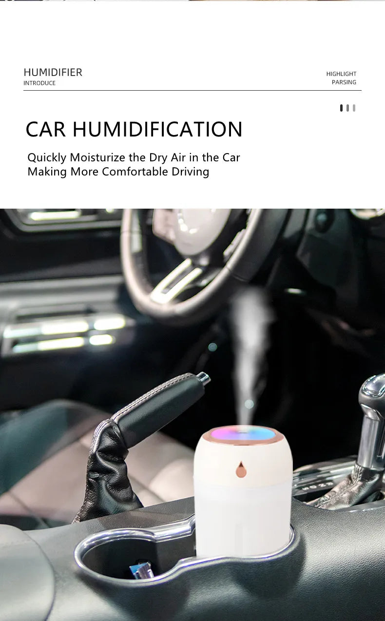 Portable Mini USB Air Humidifier Aroma Diffuser LED Cool Light 330ml Mist for Room Home Car Plant Purifier