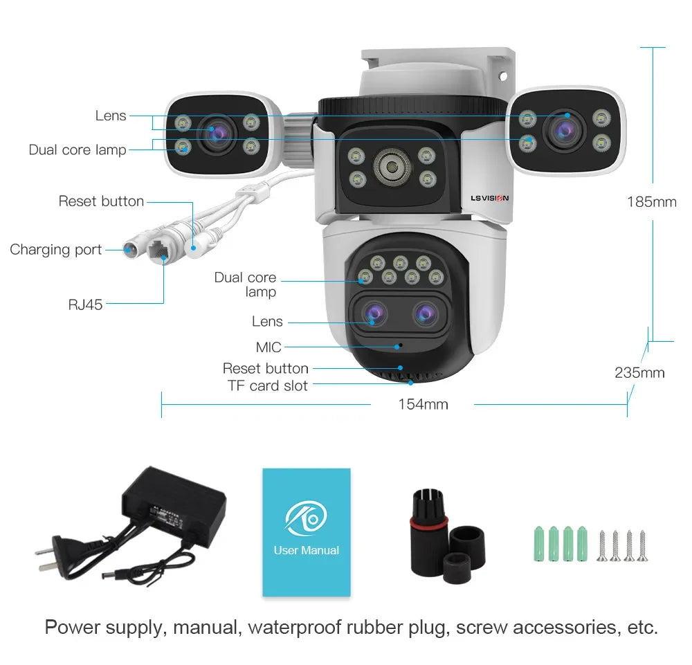 LS VISION 20MP Three Screens WiFi Security Camera Outdoor 10X Optical Zoom Four Lens Human Auto Tracking Waterproof CCTV Cameras