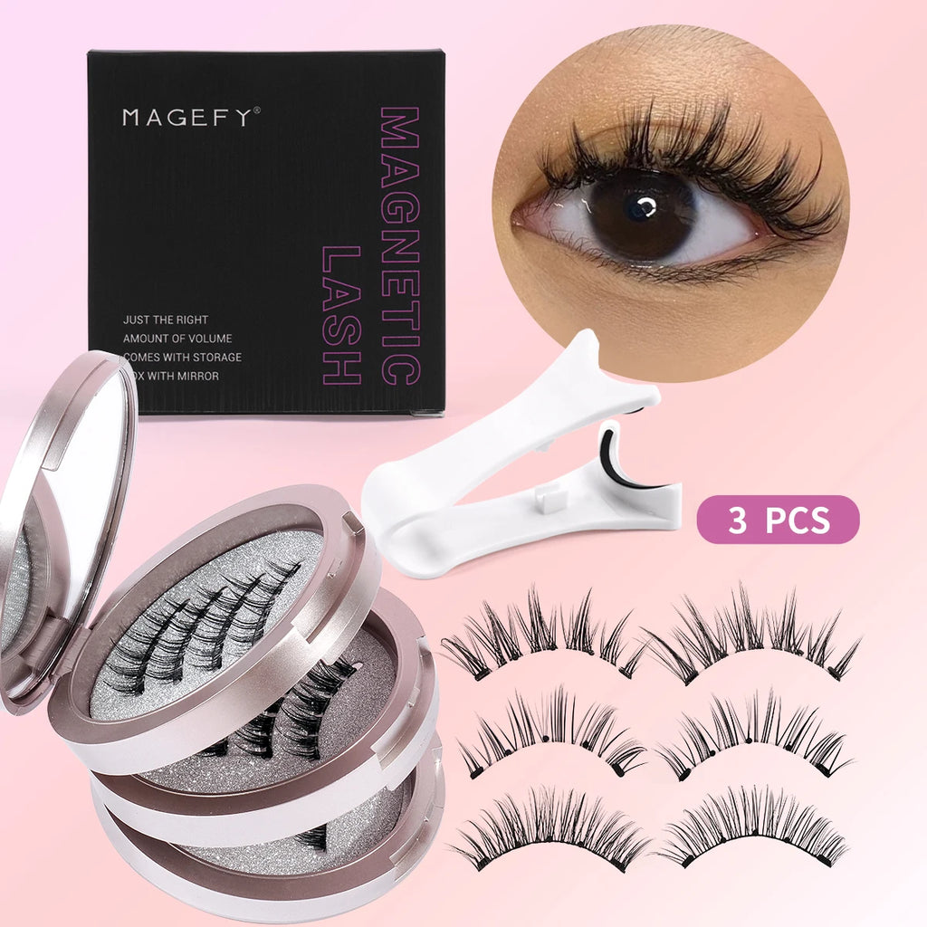 MAGEFY Reusable Magnetic Eyelashes 3 Pairs Natural Curly Natural Magnetic False Eyelashes Glue Free with Applicator Easy to Wear