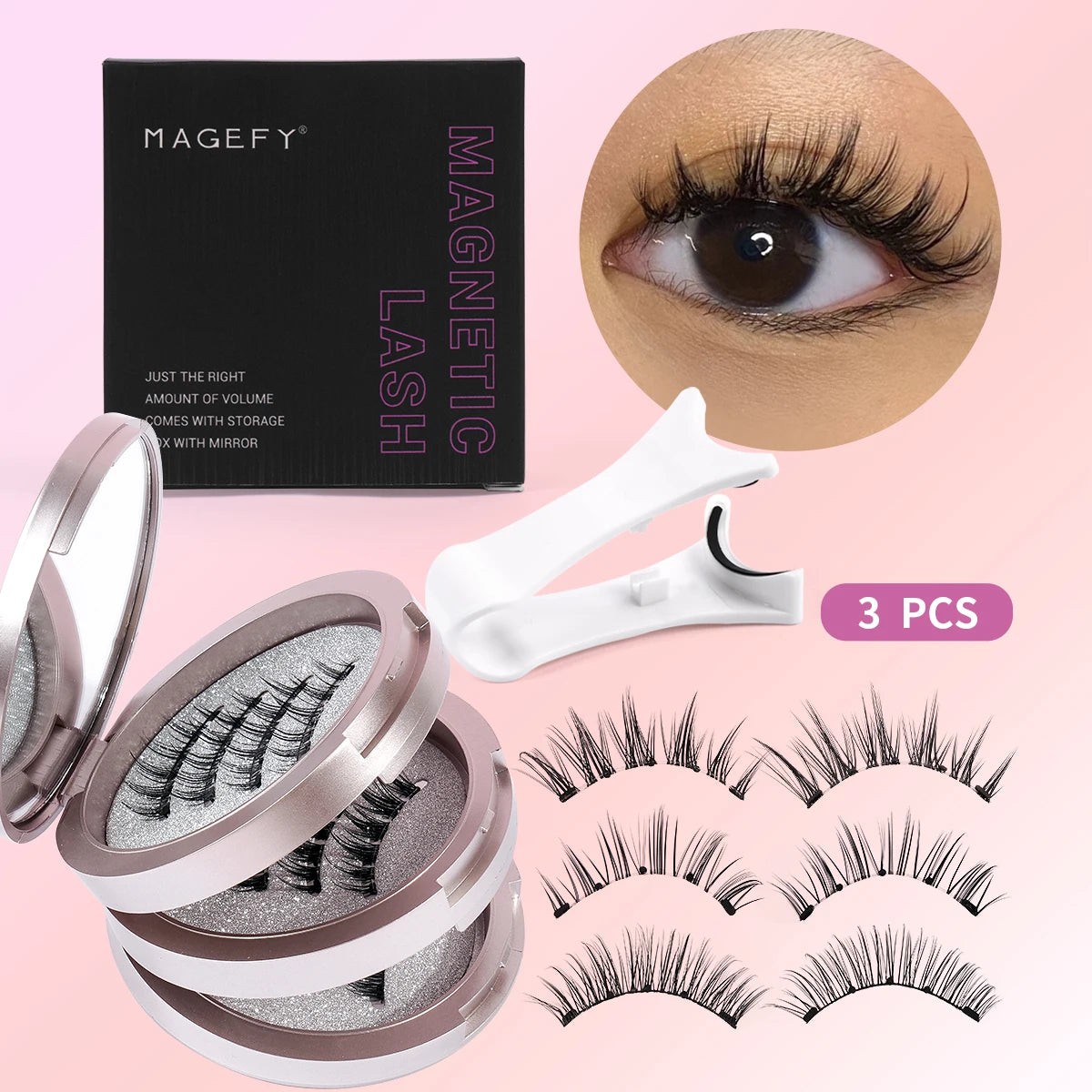 MAGEFY Reusable Magnetic Eyelashes 3 Pairs Natural Curly Natural Magnetic False Eyelashes Glue Free with Applicator Easy to Wear