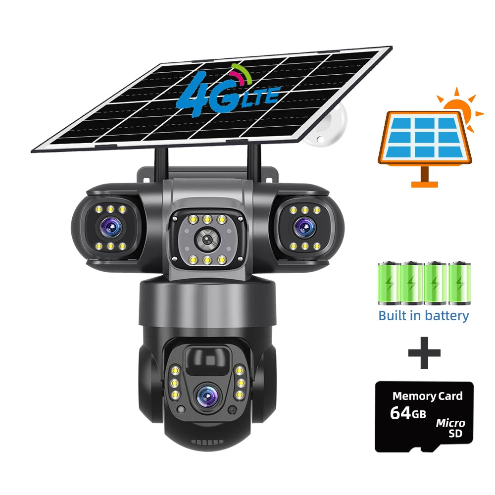 V380 Pro 15MP 6K 10X Zoom Triple Lens 4G Solar Outdoor Three Screen PIR Motion Detection Security CCTV Camera