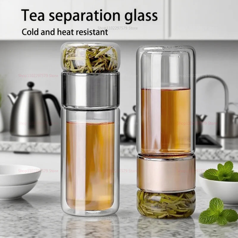 Double Wall Glass Tea Bottle 420ML Insulated Tumbler with Tea Strainer Leak Proof Hot Water Bottle for Office Travel Camping