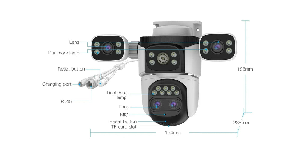 20MP 10K 4-Lens WiFi Security Camera Outdoor, 10X Zoom Auto Tracking, 4-Screen Display, Waterproof CCTV, Full Color Night Vision
