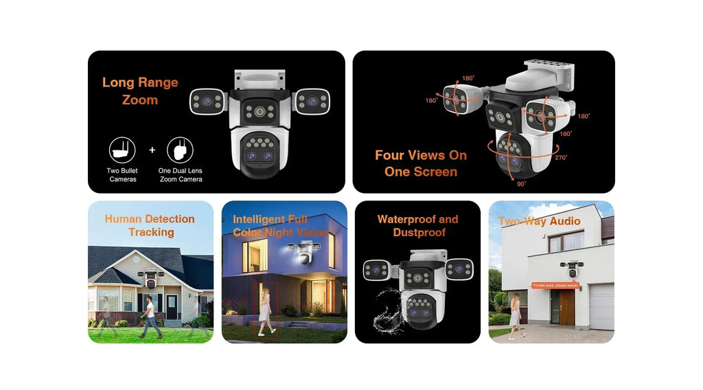 20MP 10K 4-Lens WiFi Security Camera Outdoor, 10X Zoom Auto Tracking, 4-Screen Display, Waterproof CCTV, Full Color Night Vision