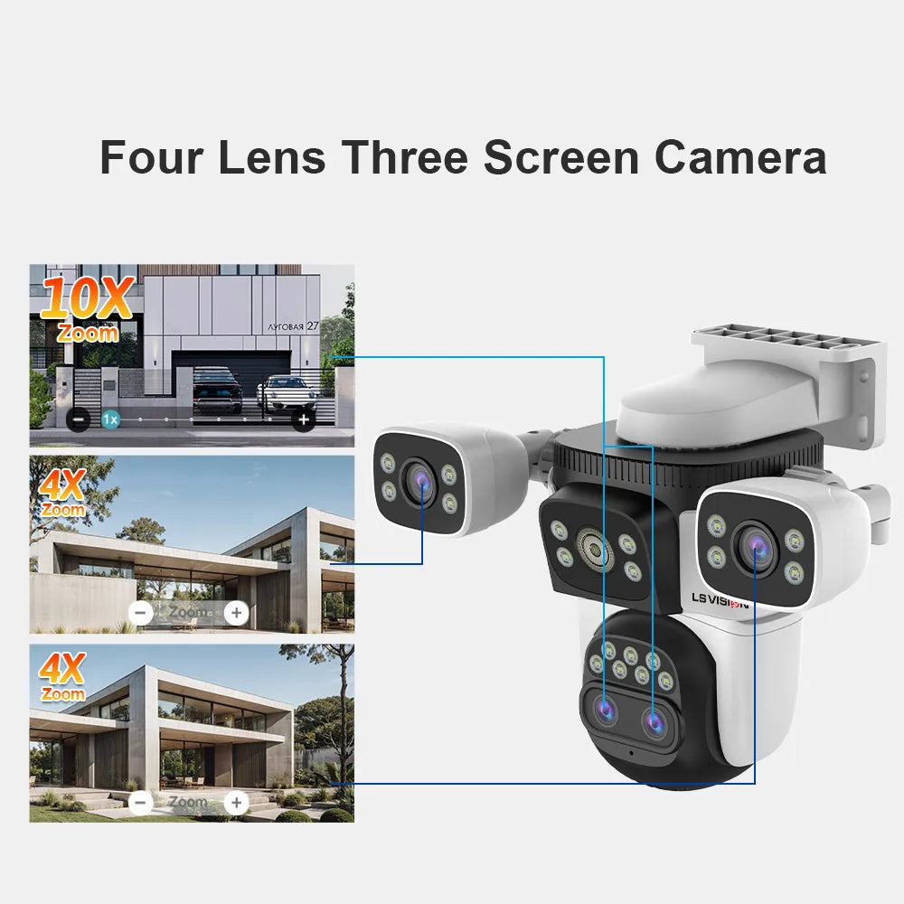 LS VISION 20MP Three Screens WiFi Security Camera Outdoor 10X Optical Zoom Four Lens Human Auto Tracking Waterproof CCTV Cameras