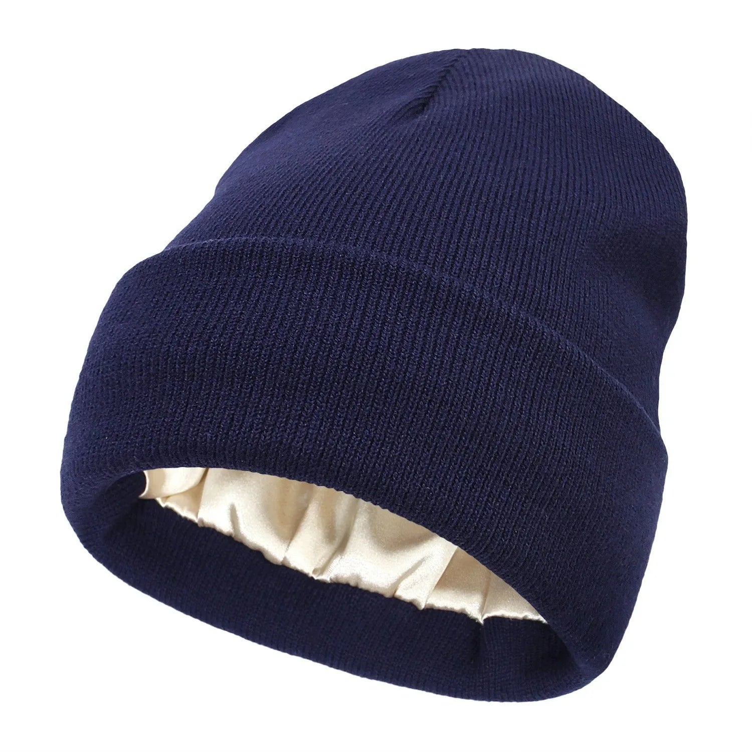 Unisex Satin Lined Anti Static Beanie Hat For Women Winter Silk Lining Slouchy Warm Cuffed Skullies 2Layer Hair Cover Sleep Cap
