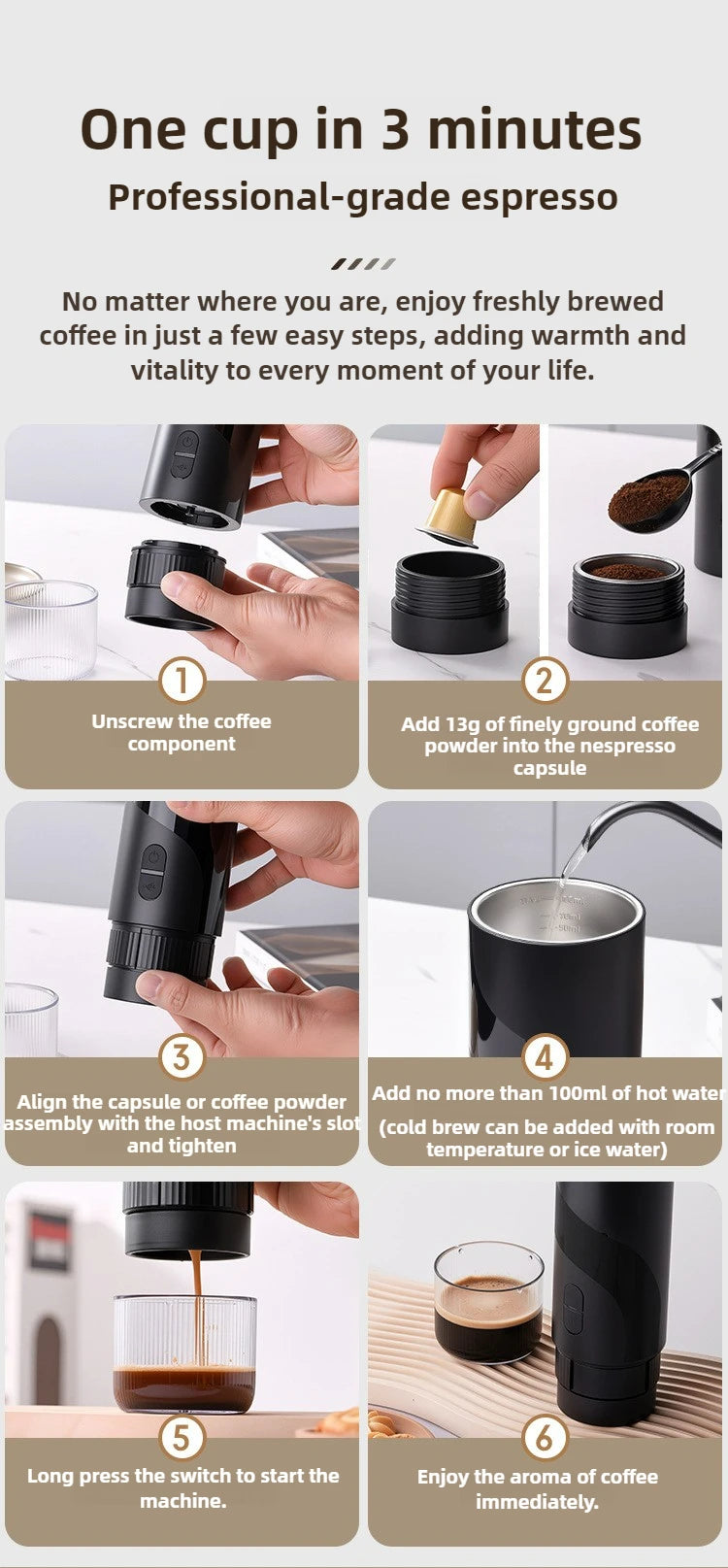 Cafeteira portátil mini recarregável para cápsulas