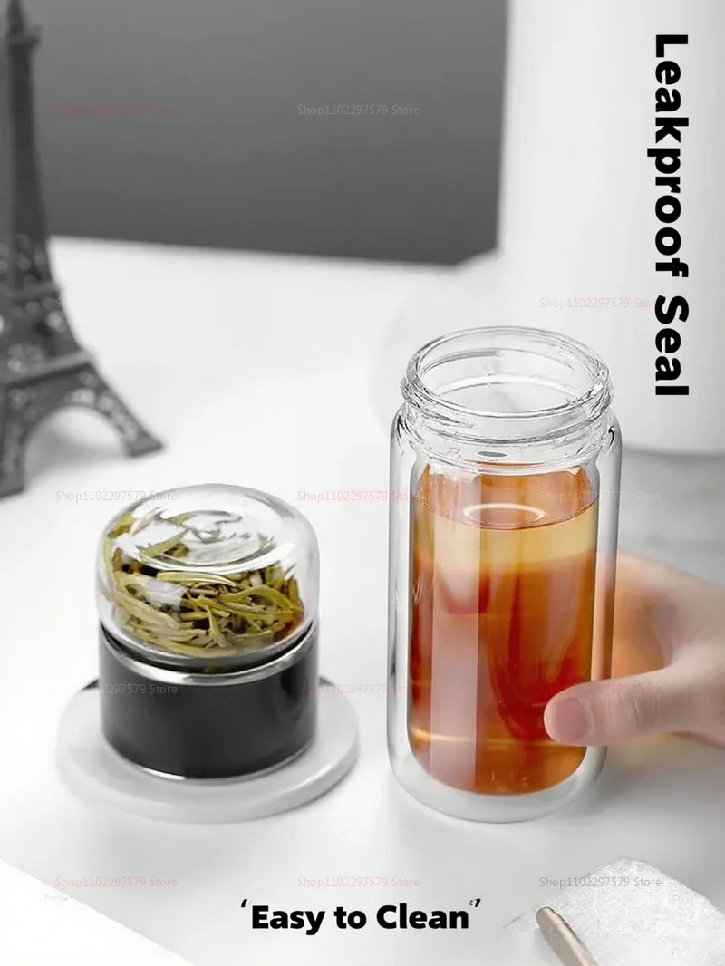 Double Wall Glass Tea Bottle 420ML Insulated Tumbler with Tea Strainer Leak Proof Hot Water Bottle for Office Travel Camping