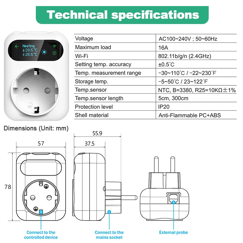 Smart Wifi Thermostat Plug Outlet Temperature Controller Tuya APP Voice Control Electric Switch for Heating Cooling Appliances