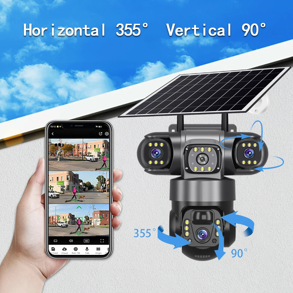 V380 Pro 15MP 6K 10X Zoom Triple Lens 4G Solar Outdoor Three Screen PIR Motion Detection Security CCTV Camera