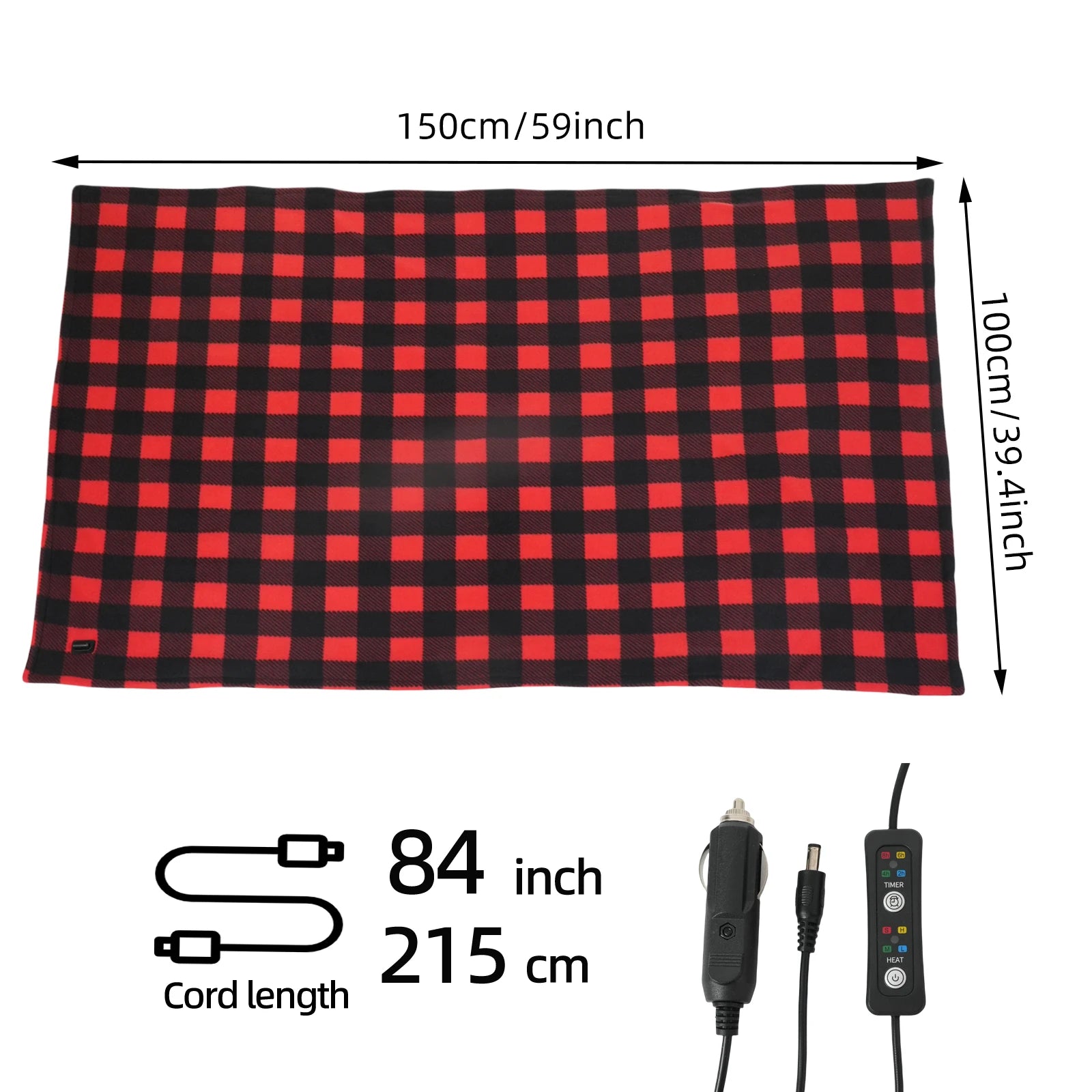 Heated Car Blanket 12-Volt Electric Blanket for Car, Truck, SUV, RV, Portable Heated Throw for Camping Red Black White Plaid