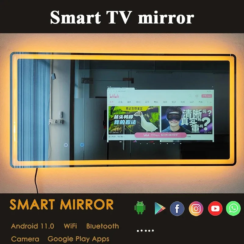 Customized Smart Magic Mirror Full Function Glass Smart Android Tv Mirror Smart Led Bathroom Mirror with Touch Screen Hotel