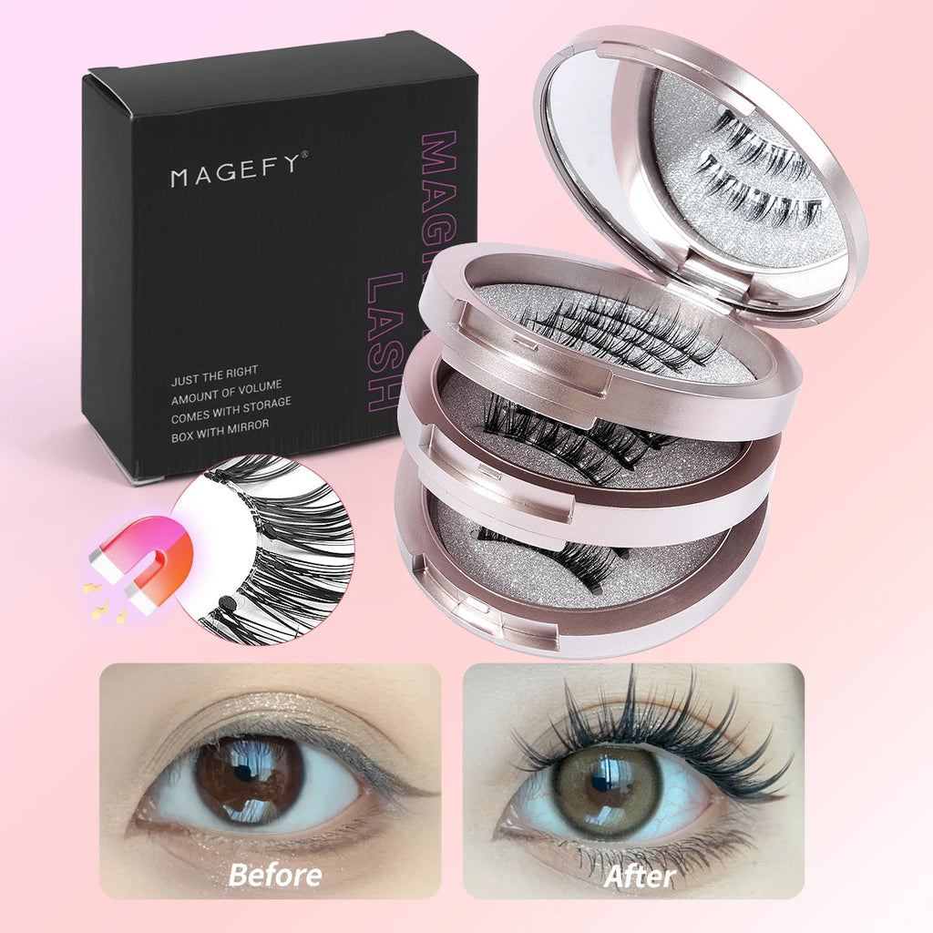 MAGEFY Reusable Magnetic Eyelashes 3 Pairs Natural Curly Natural Magnetic False Eyelashes Glue Free with Applicator Easy to Wear