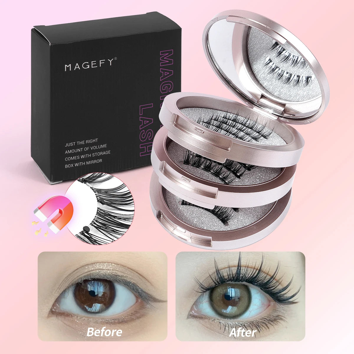 MAGEFY Reusable Magnetic Eyelashes 3 Pairs Natural Curly Natural Magnetic False Eyelashes Glue Free with Applicator Easy to Wear