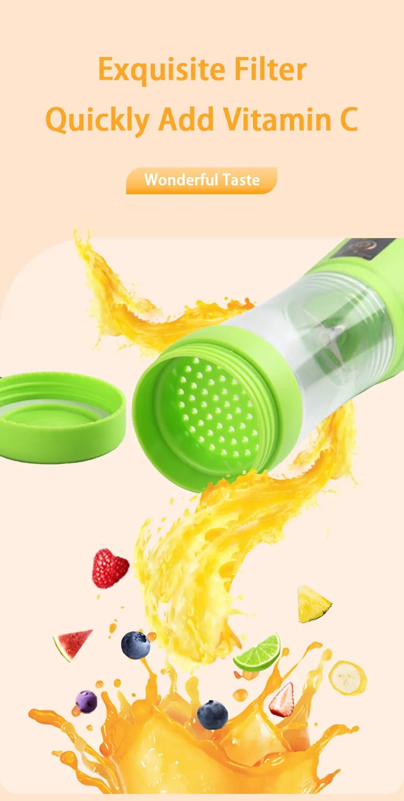 380ml Portable Electric Juicer USB Rechargeable Smoothie Blender Food Processor Fruit Mixer Compact Mini Kitchen Juicer