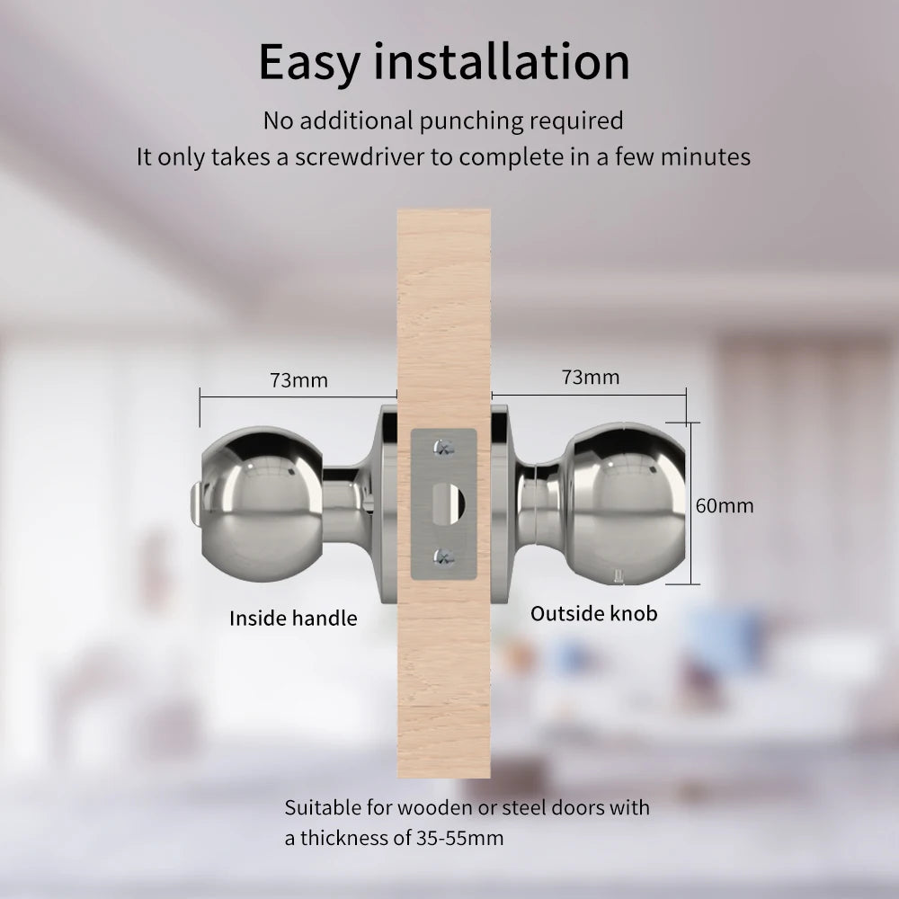 Fingerprint Safe Electronic Lock Door Handle Stainless Steel Round Door Knob Rotation Lock Doorknob Lock with Key Tuya App Home