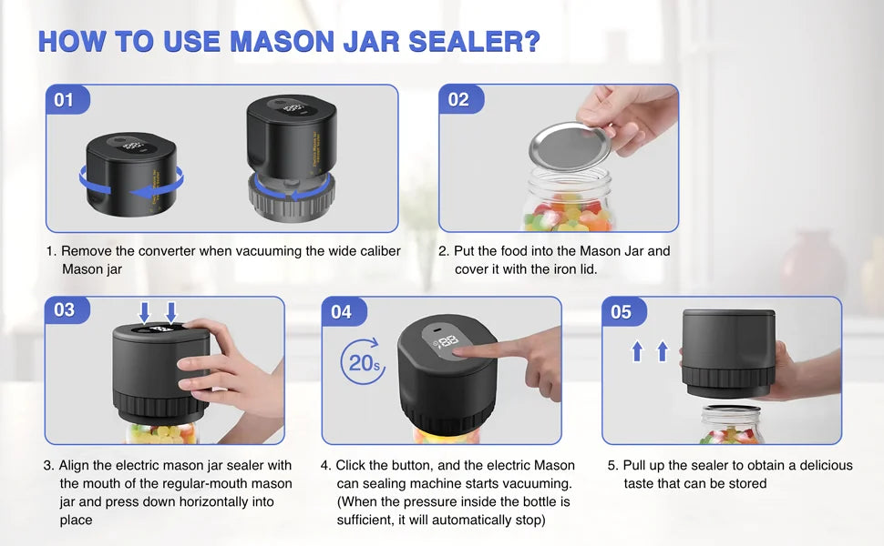 Mason Jar Vacuum Sealer Auto Stop Electric Mason Jar Vacuum Sealer Kit With Mason Jar Lids For Jam Preservation Food Storage