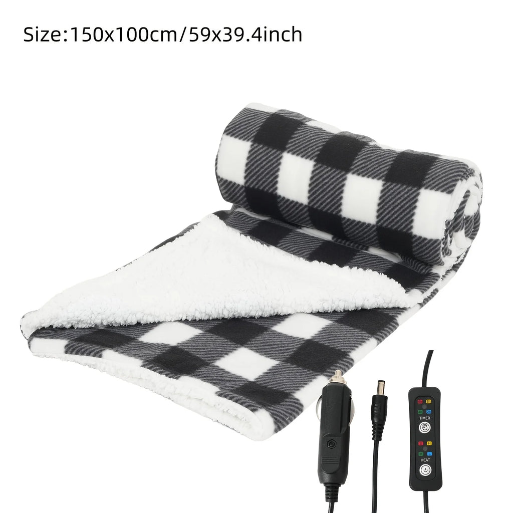 Heated Car Blanket 12-Volt Electric Blanket for Car, Truck, SUV, RV, Portable Heated Throw for Camping Red Black White Plaid