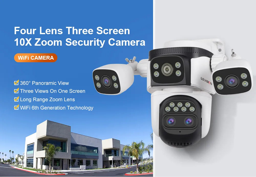 LS VISION 20MP Three Screens WiFi Security Camera Outdoor 10X Optical Zoom Four Lens Human Auto Tracking Waterproof CCTV Cameras