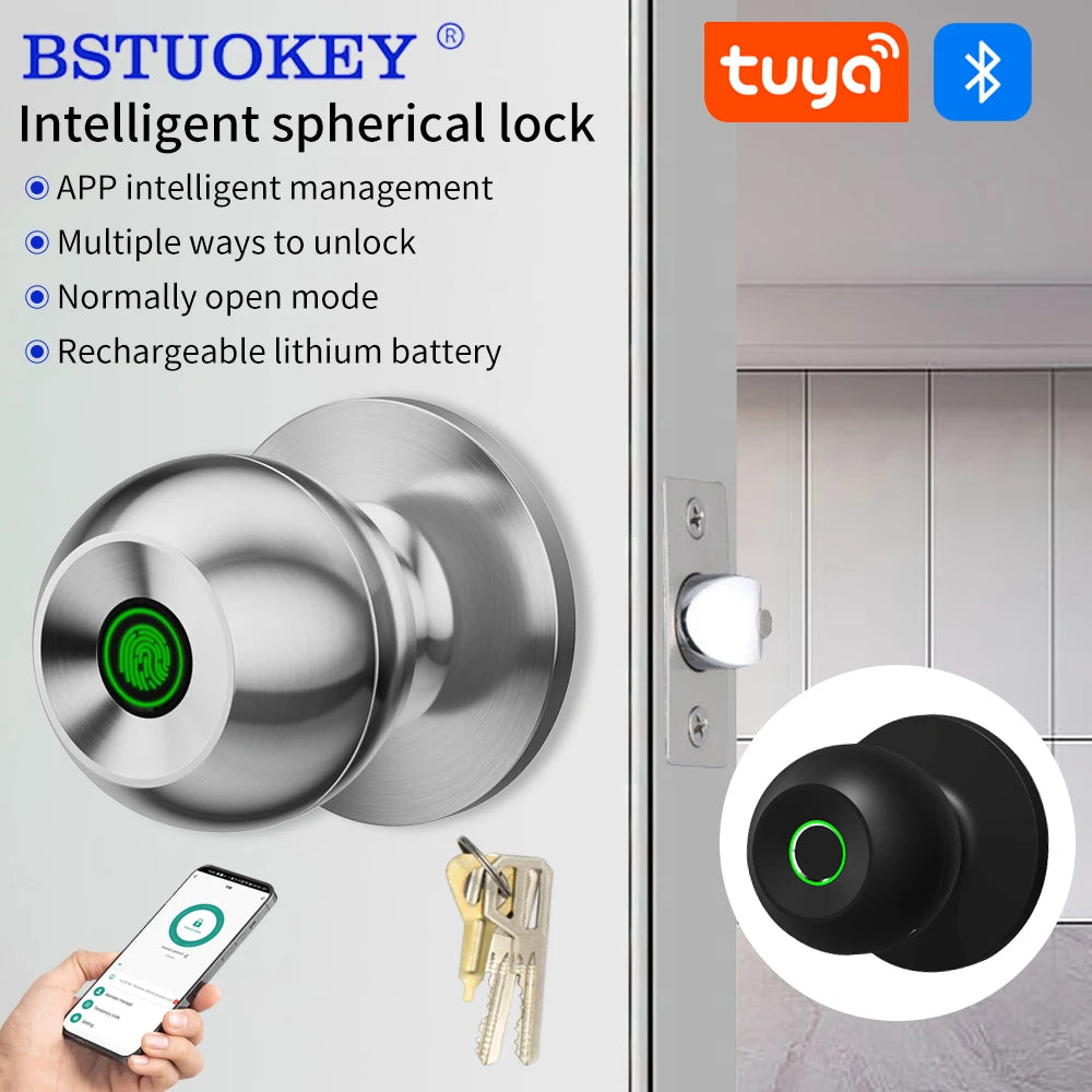 Fingerprint Safe Electronic Lock Door Handle Stainless Steel Round Door Knob Rotation Lock Doorknob Lock with Key Tuya App Home