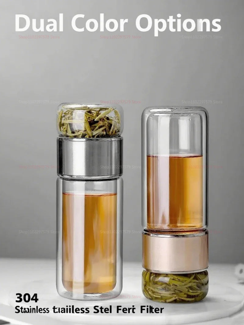 Double Wall Glass Tea Bottle 420ML Insulated Tumbler with Tea Strainer Leak Proof Hot Water Bottle for Office Travel Camping