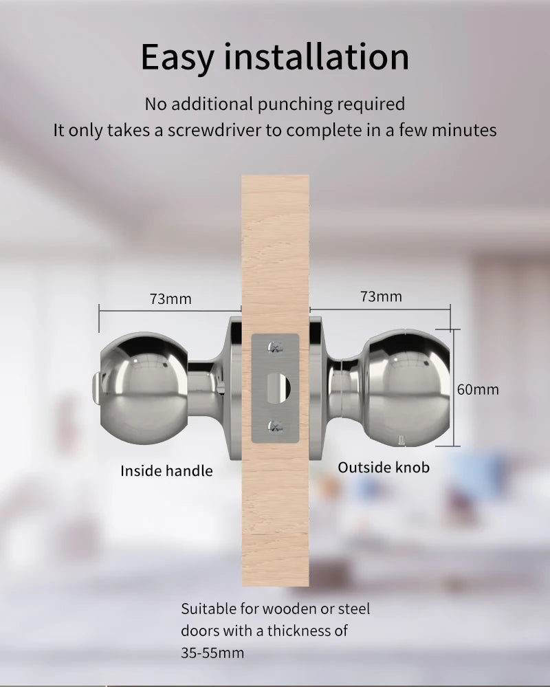 Fingerprint Safe Electronic Lock Door Handle Stainless Steel Round Door Knob Rotation Lock Doorknob Lock with Key Tuya App Home