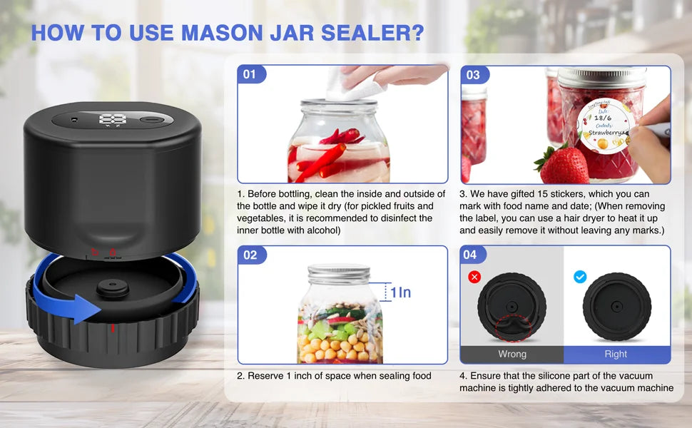 Mason Jar Vacuum Sealer Auto Stop Electric Mason Jar Vacuum Sealer Kit With Mason Jar Lids For Jam Preservation Food Storage