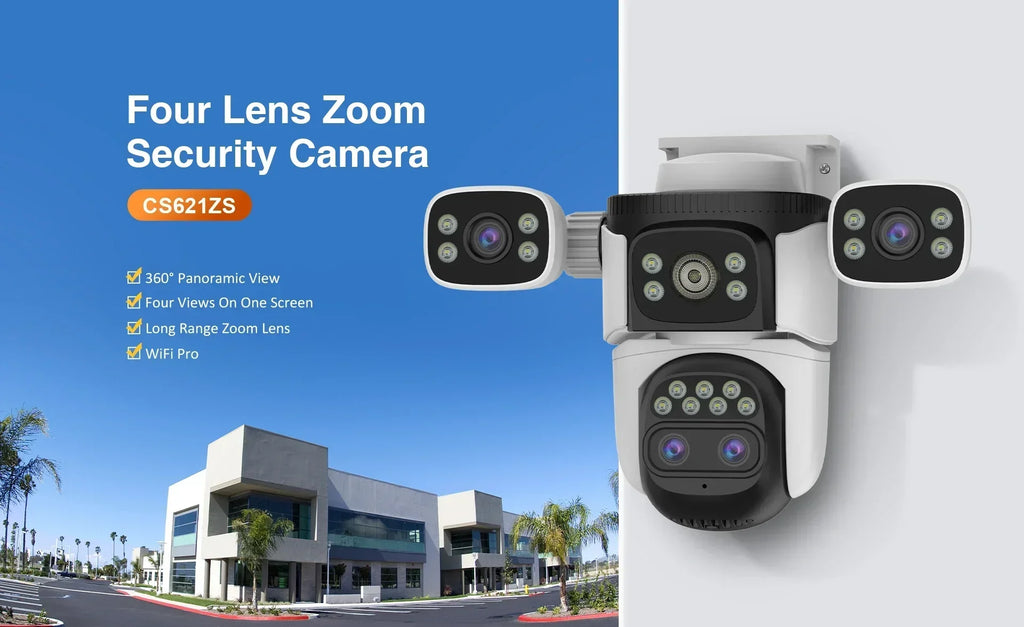 20MP 10K 4-Lens WiFi Security Camera Outdoor, 10X Zoom Auto Tracking, 4-Screen Display, Waterproof CCTV, Full Color Night Vision