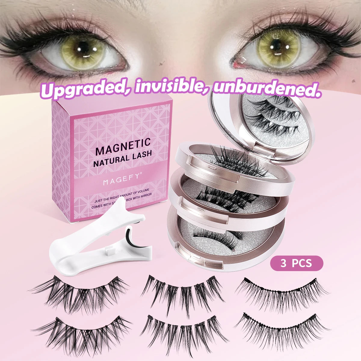 MAGEFY Reusable Magnetic Eyelashes 3 Pairs Natural Curly Natural Magnetic False Eyelashes Glue Free with Applicator Easy to Wear