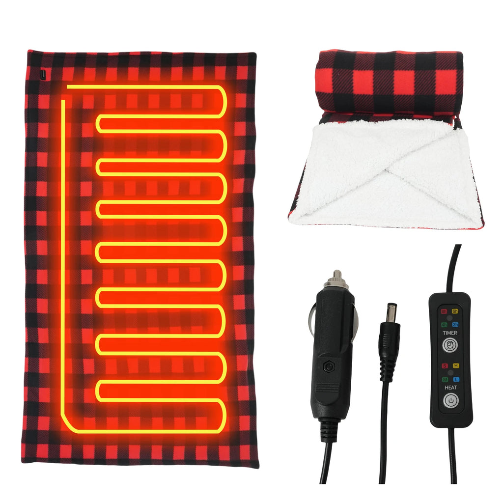 Heated Car Blanket 12-Volt Electric Blanket for Car, Truck, SUV, RV, Portable Heated Throw for Camping Red Black White Plaid