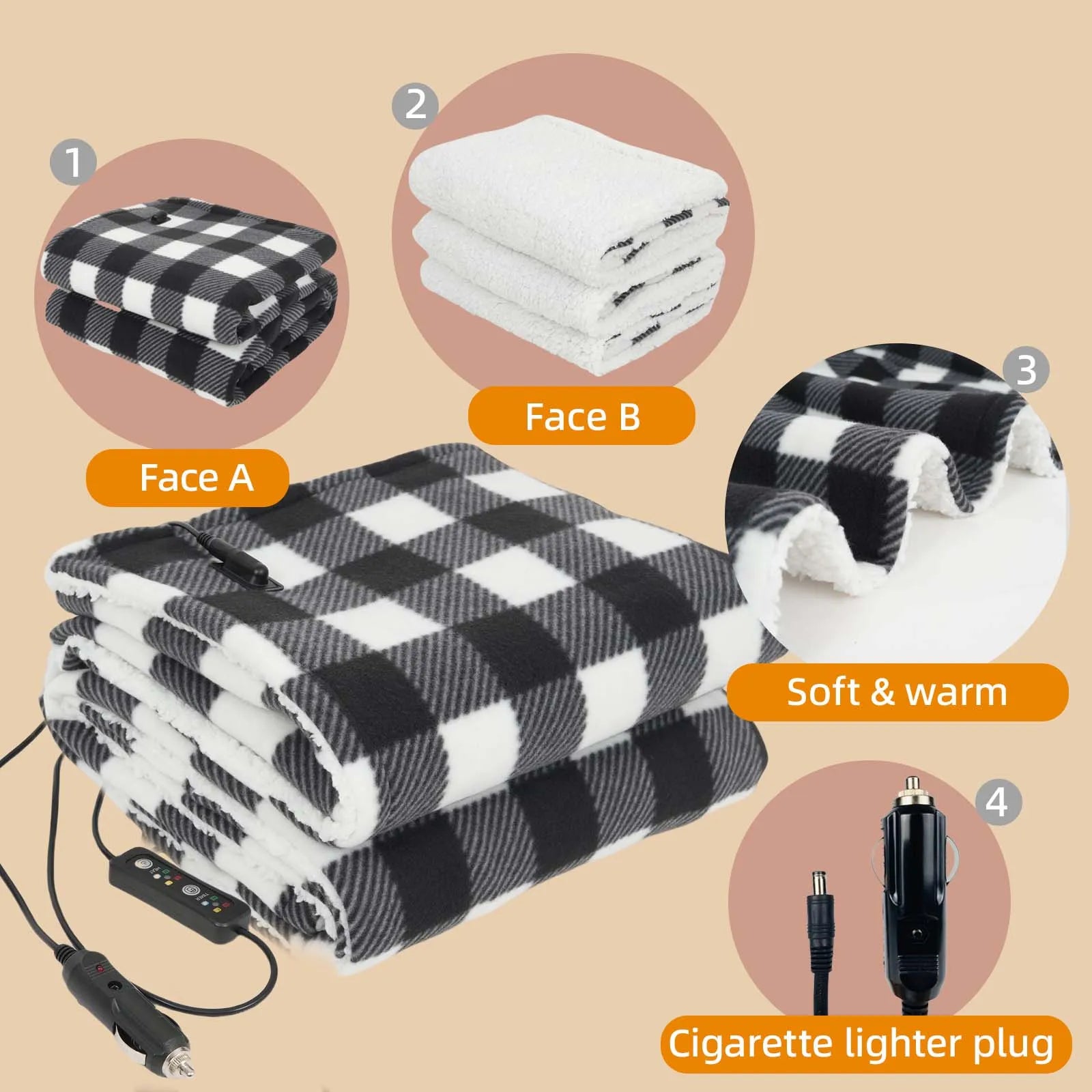 Heated Car Blanket 12-Volt Electric Blanket for Car, Truck, SUV, RV, Portable Heated Throw for Camping Red Black White Plaid