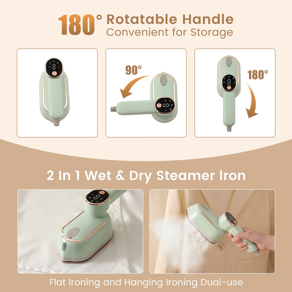 Portable mini steam iron with four temperature control and high-power rotating handheld ironing machine.