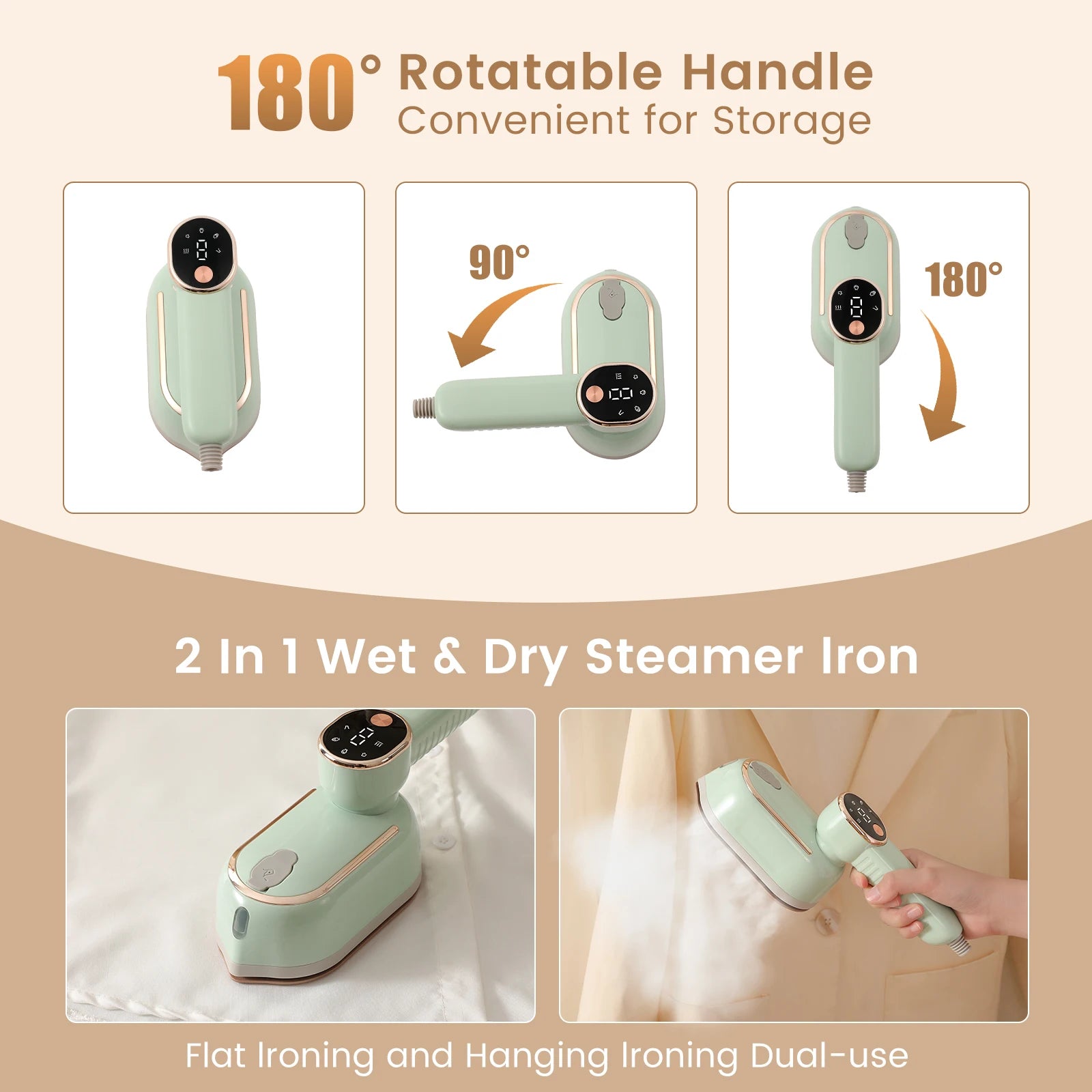 Portable mini steam iron with four temperature control and high-power rotating handheld ironing machine.