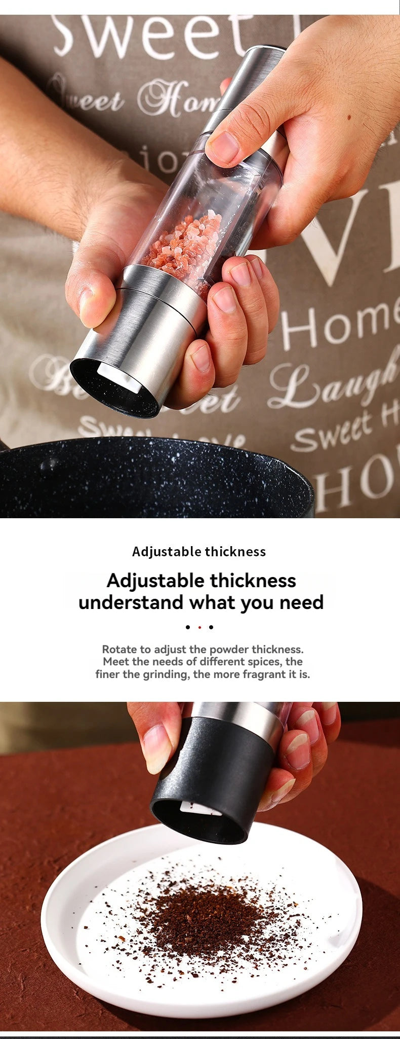 Salt and Pepper Grinder 2 in 1 Manual Stainless Steel Salt Pepper Mills with Adjustable Ceramic Grinding Spice Mill Kitchen Tool