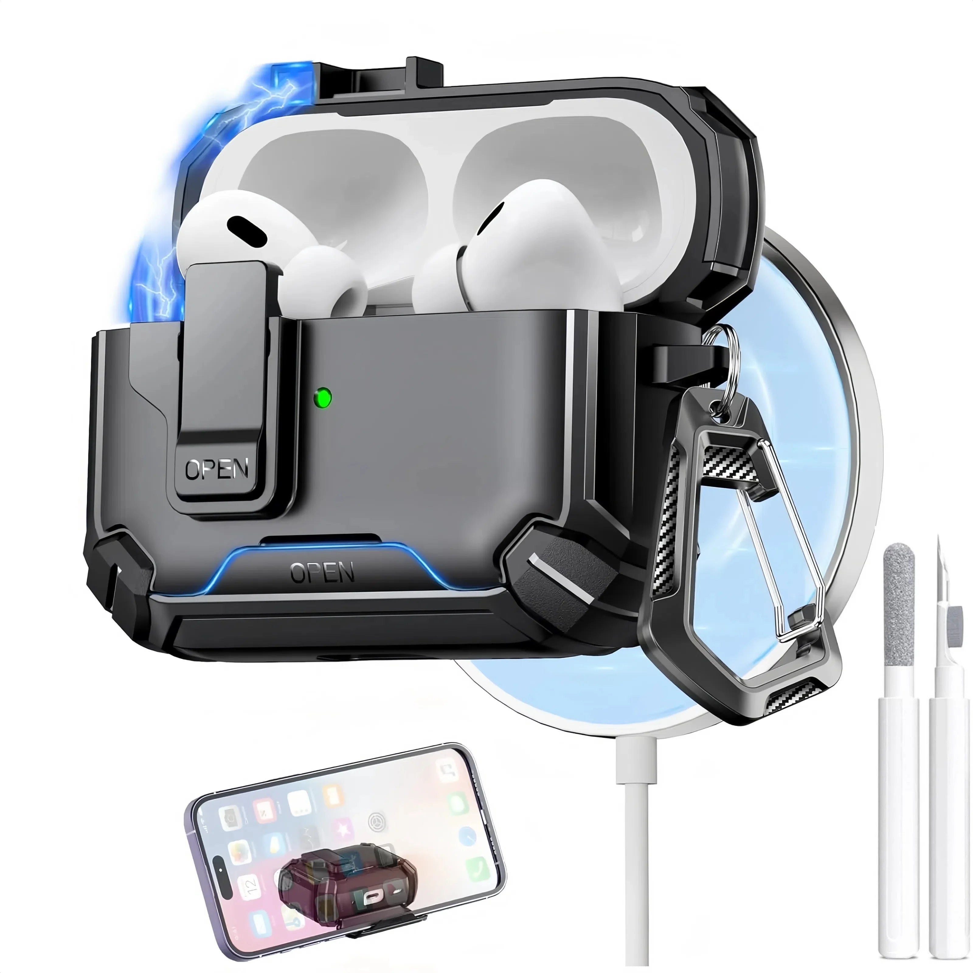 Magnetic Auto Lock Case for AirPods Pro 3 Phone Stand Case Cover with Cleaning Kit & Keychain Protective Case for AirPods Pro 3