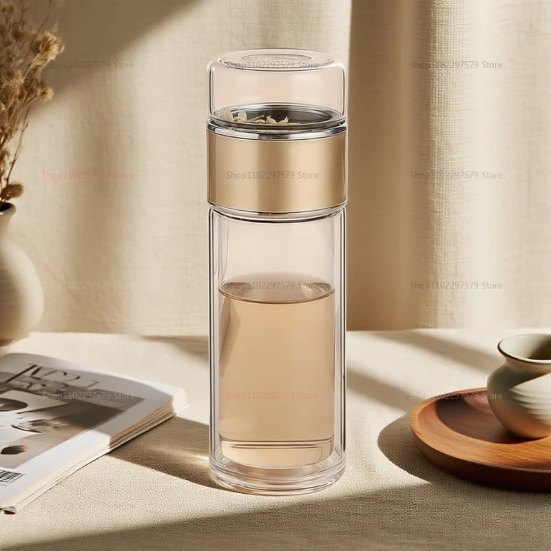 Double Wall Glass Tea Bottle 420ML Insulated Tumbler with Tea Strainer Leak Proof Hot Water Bottle for Office Travel Camping