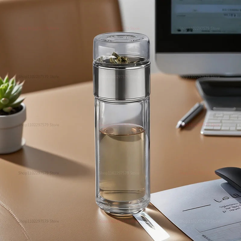 Double Wall Glass Tea Bottle 420ML Insulated Tumbler with Tea Strainer Leak Proof Hot Water Bottle for Office Travel Camping