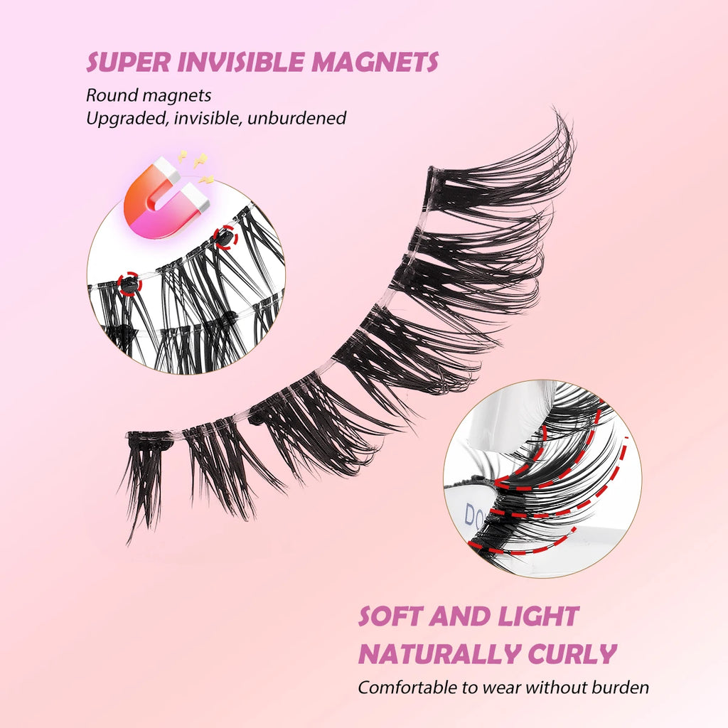 MAGEFY Reusable Magnetic Eyelashes 3 Pairs Natural Curly Natural Magnetic False Eyelashes Glue Free with Applicator Easy to Wear