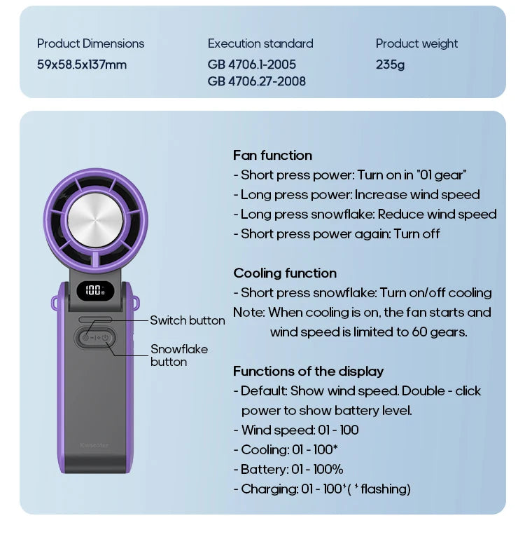 KINSCOTER Outdoor Foldable Portable Handheld Fan Mini Cooling Rechargeable 3600mAh 100-level Free Control High Speed Turbo Fan