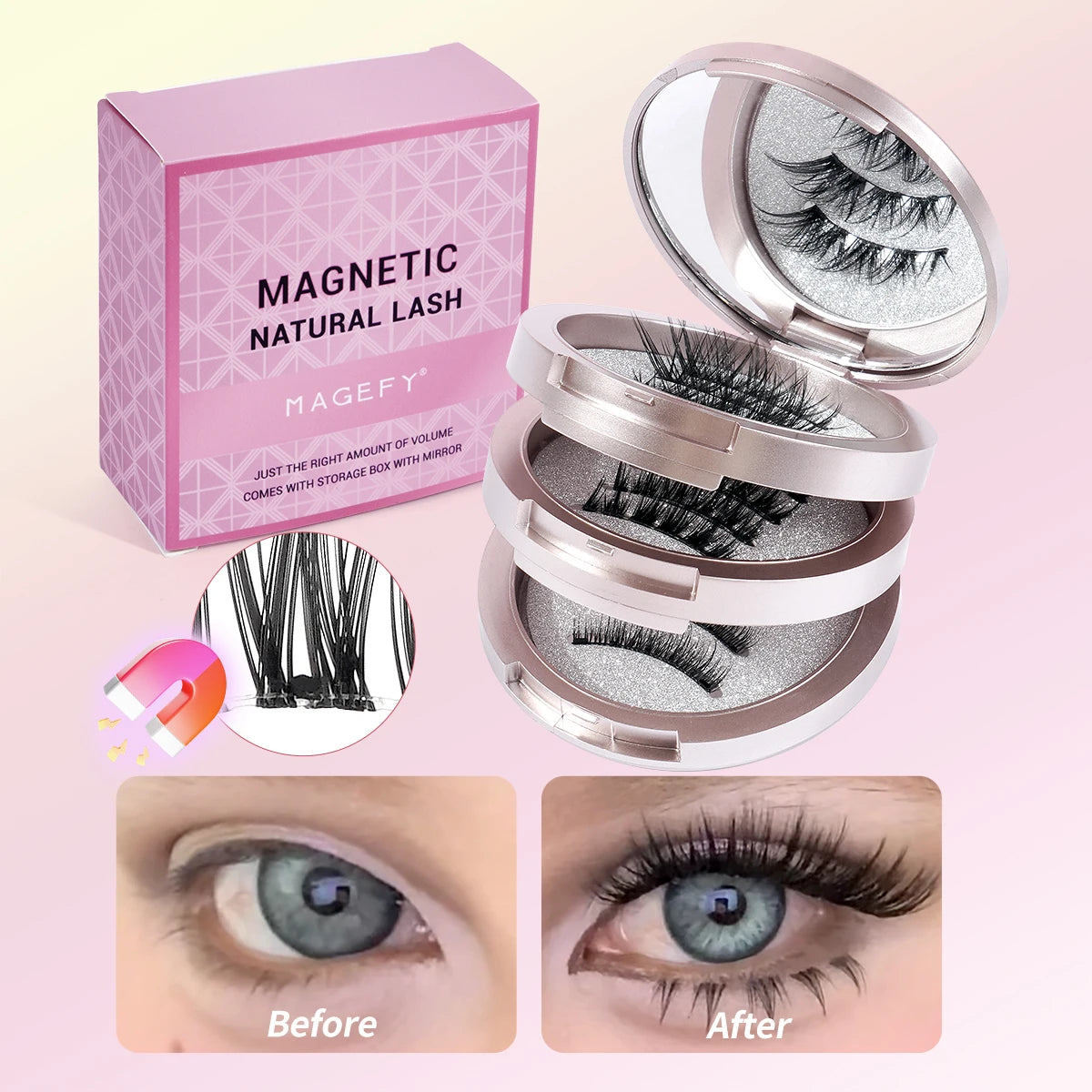 MAGEFY Reusable Magnetic Eyelashes 3 Pairs Natural Curly Natural Magnetic False Eyelashes Glue Free with Applicator Easy to Wear