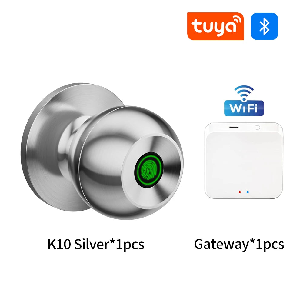 Fingerprint Safe Electronic Lock Door Handle Stainless Steel Round Door Knob Rotation Lock Doorknob Lock with Key Tuya App Home