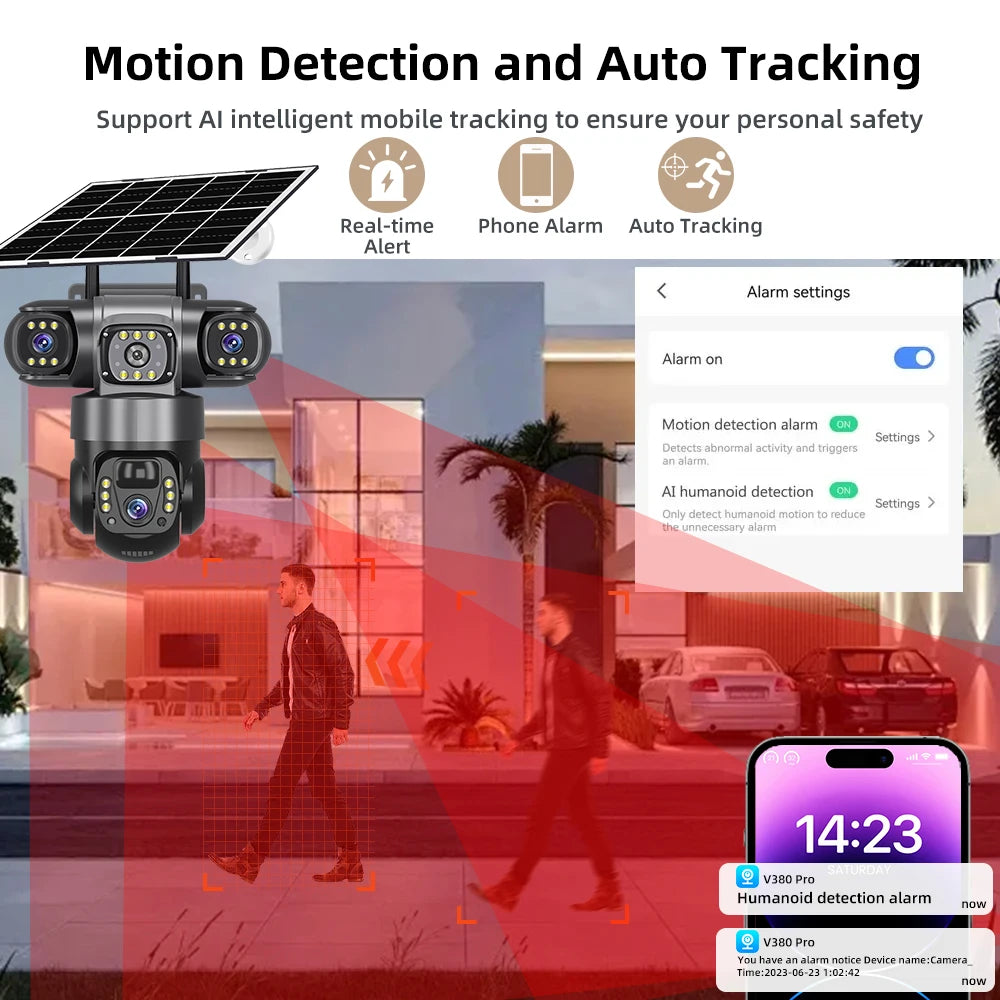 V380 Pro 15MP 6K 10X Zoom Triple Lens 4G Solar Outdoor Three Screen PIR Motion Detection Security CCTV Camera