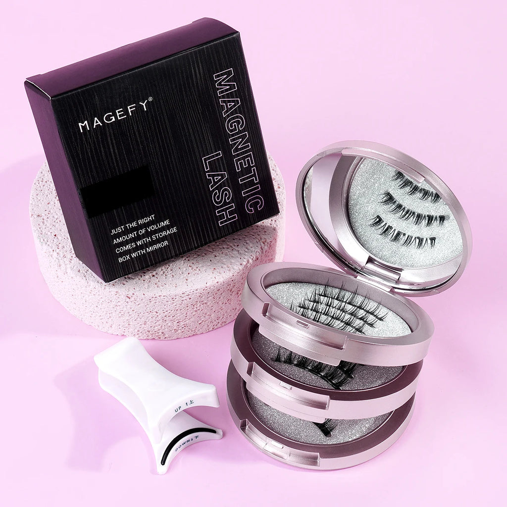 MAGEFY Reusable Magnetic Eyelashes 3 Pairs Natural Curly Natural Magnetic False Eyelashes Glue Free with Applicator Easy to Wear