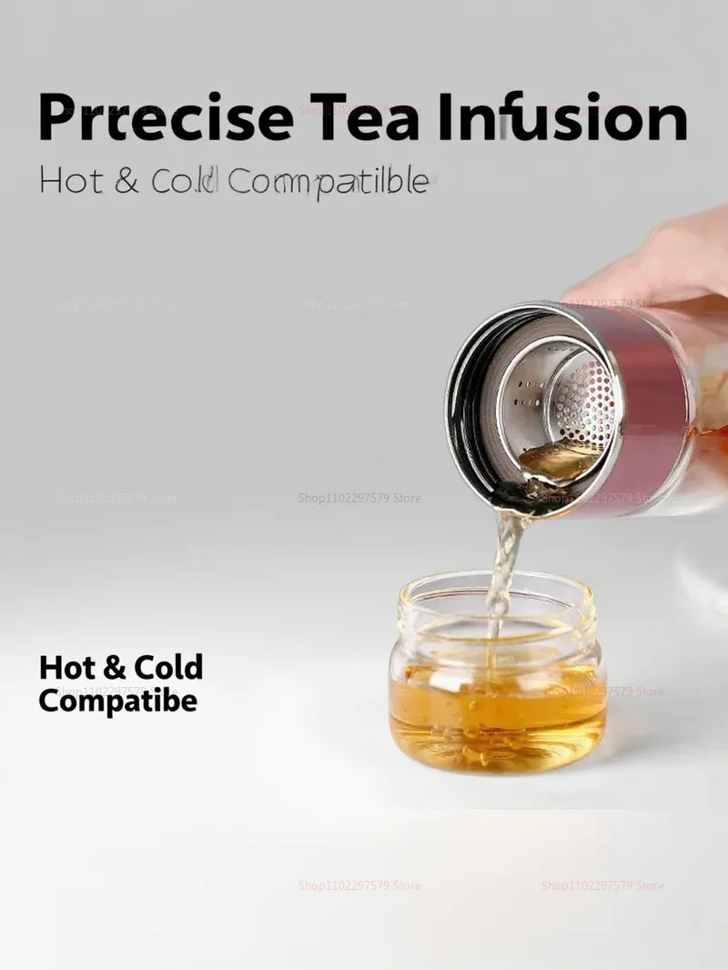 Double Wall Glass Tea Bottle 420ML Insulated Tumbler with Tea Strainer Leak Proof Hot Water Bottle for Office Travel Camping