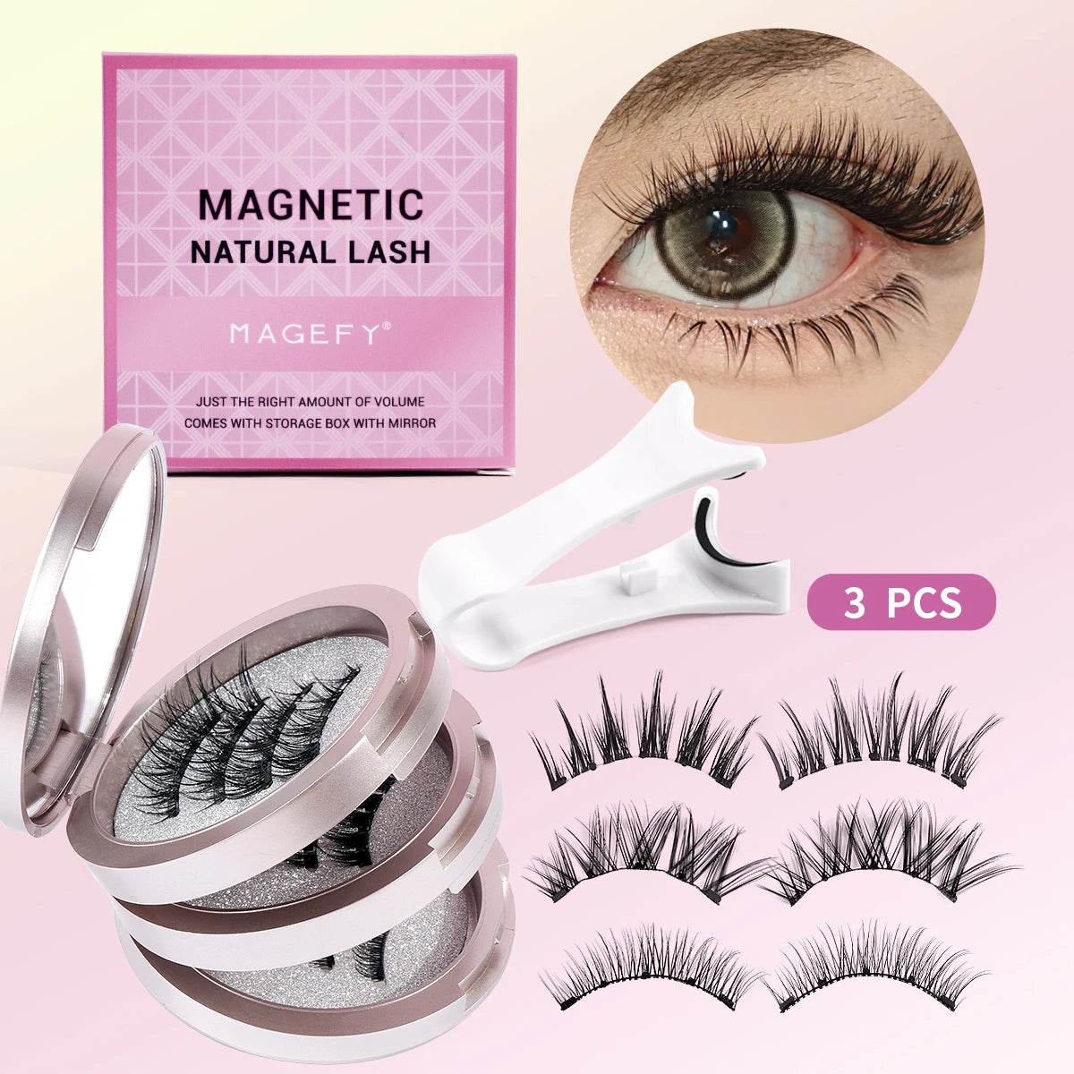 MAGEFY Reusable Magnetic Eyelashes 3 Pairs Natural Curly Natural Magnetic False Eyelashes Glue Free with Applicator Easy to Wear