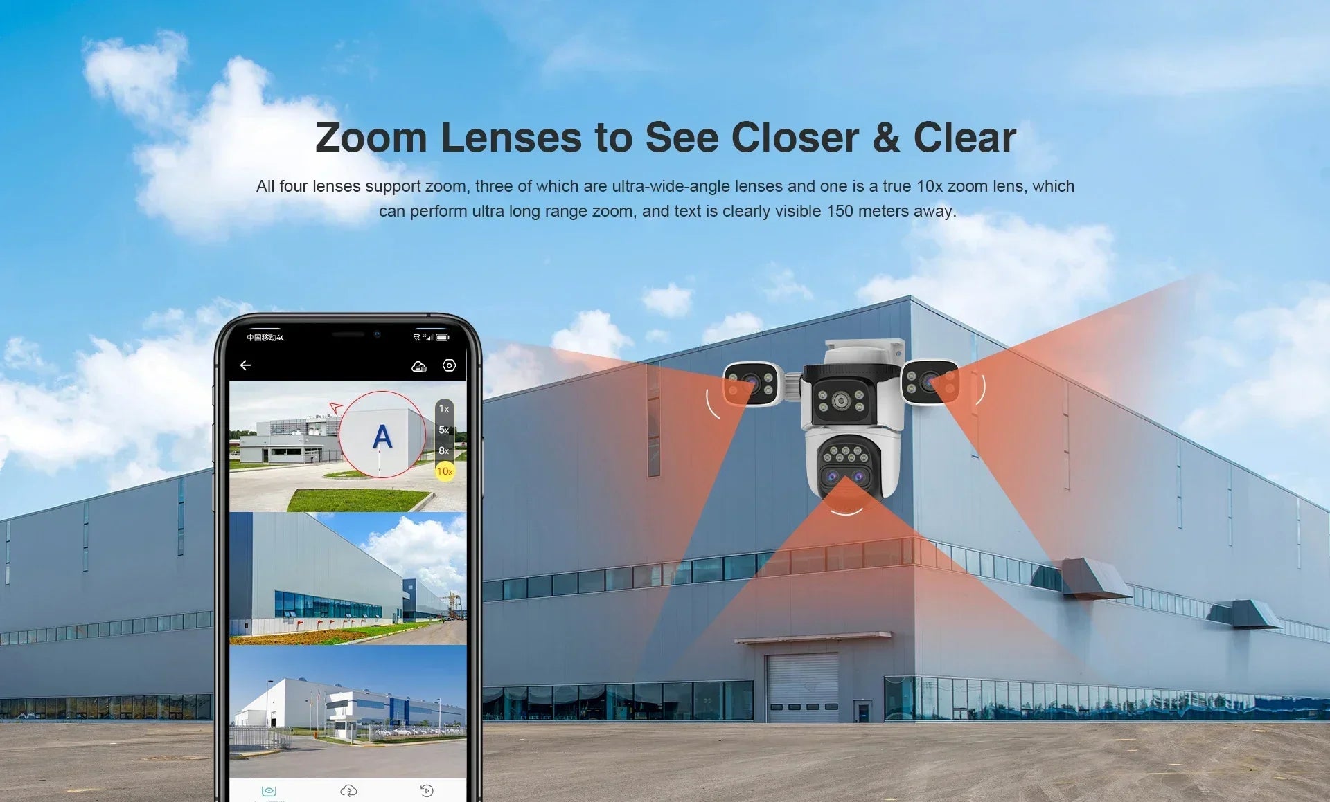 20MP 10K 4-Lens WiFi Security Camera Outdoor, 10X Zoom Auto Tracking, 4-Screen Display, Waterproof CCTV, Full Color Night Vision